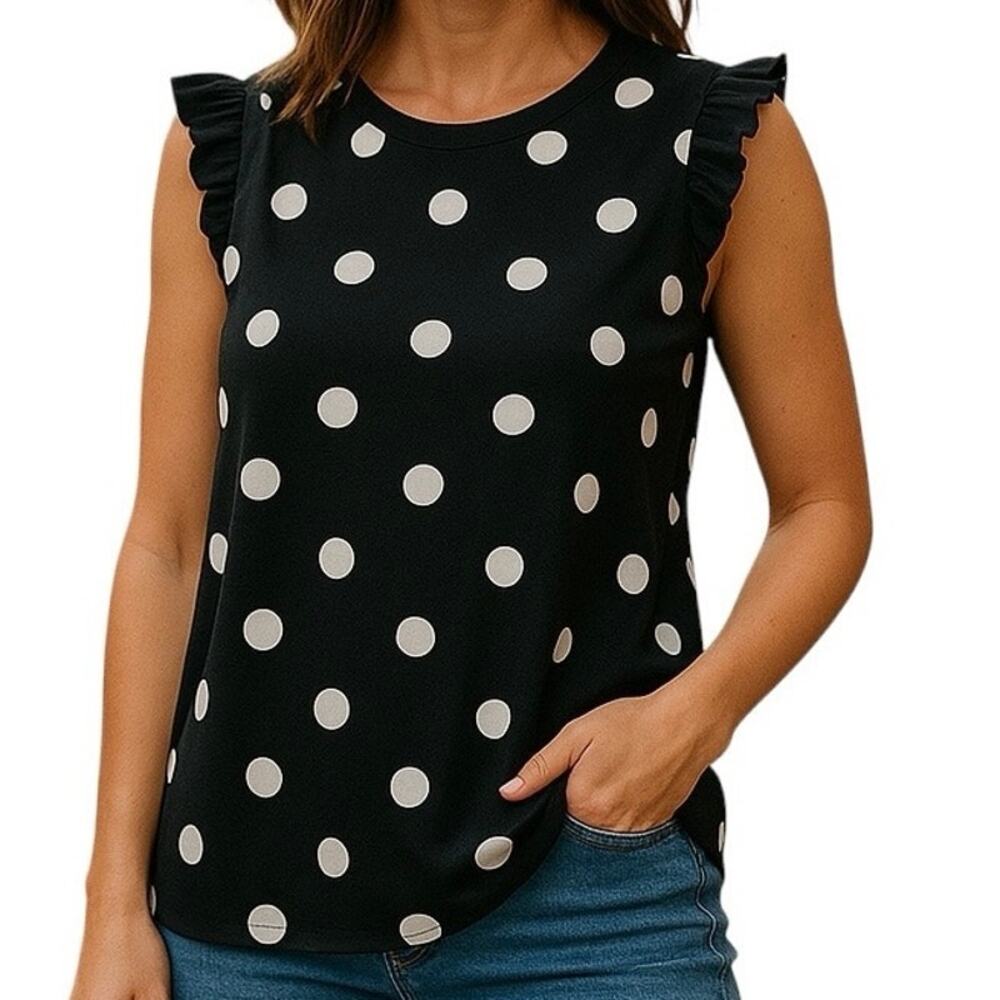 Adrianna Papell Sz M Black & White Polka Dot Ruffles Sleeve & Neck Hem | EUC